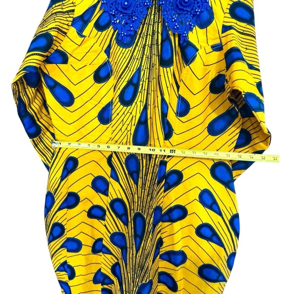 Vibrant African Print Yellow and Blue Long Sleeve Dress with Collared Beading - Picture 6 of 9